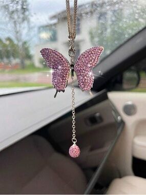 Pink Crystal Butterfly Car Pendant